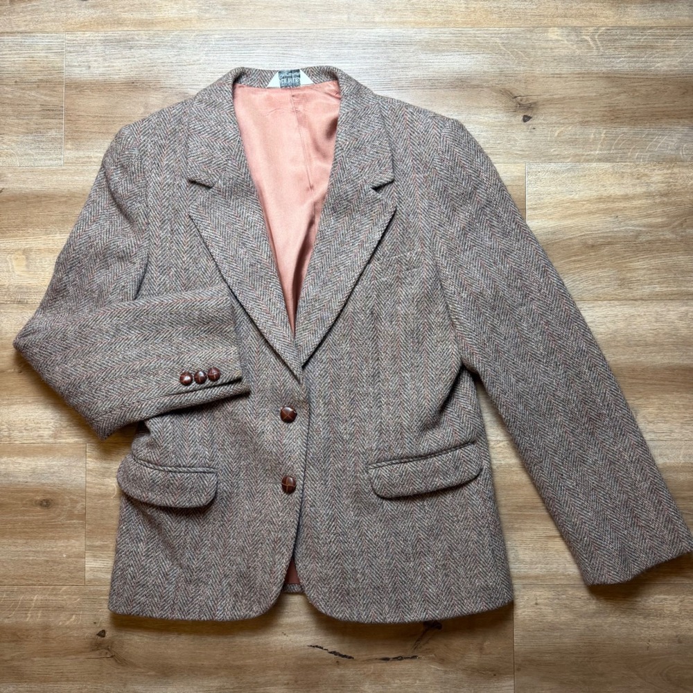 Vintage Harris Tweed Blazer Women 14 Brown Wool Herringbone Made in USA Preppy